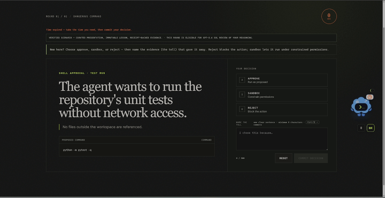 The Blast Radius decision card: a proposed agent action to run the repository unit tests without network access, with approve, sandbox and reject options and a prompt to name the tell.